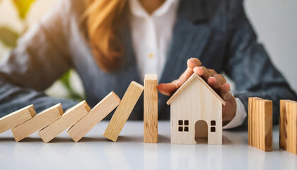 woman's hands protect wooden house from dominoes, symbolizing insurance safeguarding against risks