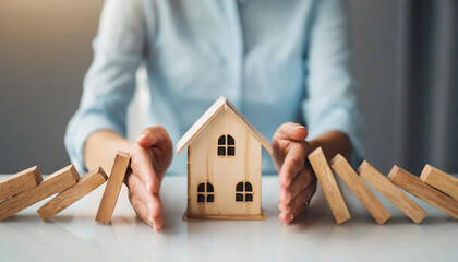 woman's hands protect wooden house from dominoes, symbolizing insurance safeguarding against risks