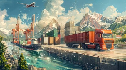 all means of cargo transportation banner style on a dock in high resolution and high quality. transportation concept, plane