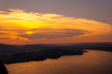 Aerial View over Lake Lucerne and Mountain in Sunset in Lucerne, Switzerland.