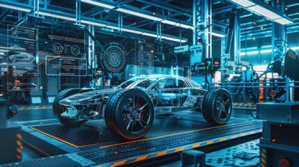 Futuristic Electric Sports Car on Assembly Line. Advanced electric sports car in a high-tech...