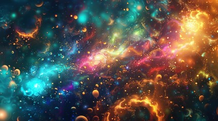 A vibrant, abstract fractal composition with glowing particles floating in an endless, dark cosmic space, featuring a spectrum of bright colors and intricate patterns.