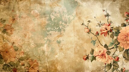 A vintage paper texture background with floral patterns and soft, faded colors.