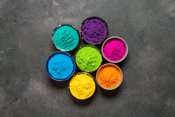 Colored organic powders for the Holi festival. Top view, flat lay. - 747324551