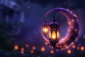 Eid mubarak and ramadan kareem purple background crescent moon. Generative AI