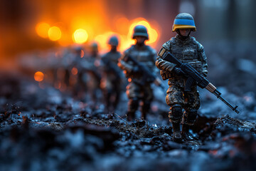 Ukraine on dark background. Conceptual image of war between Ukraine using toy soldiers. Selective focus. Generative AI - obrazy, fototapety, plakaty