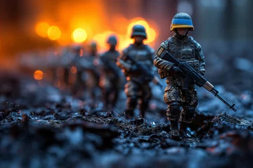 Deurstickers Ukraine on dark background. Conceptual image of war between Ukraine using toy soldiers. Selective focus. Generative AI © Anthony Paz
