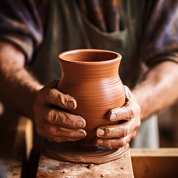 Close-up of a potters hands molding a clay mug.