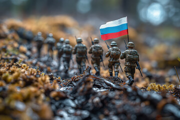 Russia on dark background. Conceptual image of war between Russia using toy soldiers. Selective focus. Generative AI