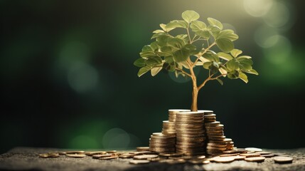 Small green tree on the pile of coins. Financial Prosperity, Financial Planning