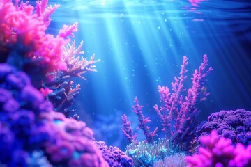 Fototapeta na wymiar Abstract neon underwater scene with 3D rendered coral and light rays