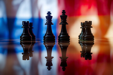 Conceptual image of war between Russia using chess pieces and national flags on a reflective background. Generative AI - obrazy, fototapety, plakaty