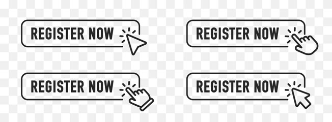 Register now tag. Registration now buttons set. Vector button for registration in services, blogs, websites. Register now chat speech message. Banner promotion. Free registration offer. Vector