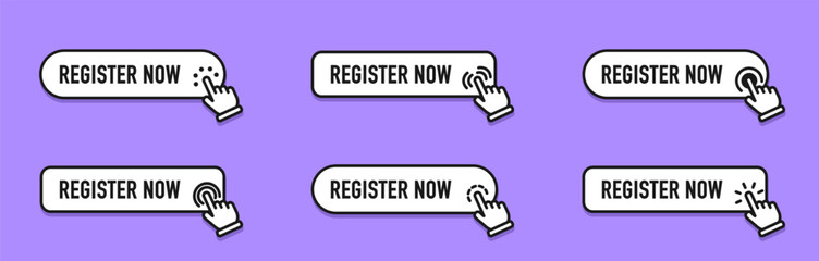 Register now tag. Registration now buttons set. Vector button for registration in services, blogs, websites. Register now chat speech message. Banner promotion. Free registration offer. Vector