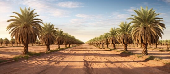 A dirt road in the desert flanked by rows of tall date palm trees, creating a scenic pathway through the arid landscape.