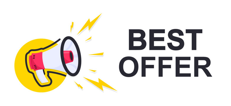 Best Offer icon on white background. Logo design with megaphone and text. The loudspeaker screams best offer. Best offer, limited sale offer promo stamp with megaphone. Vector
