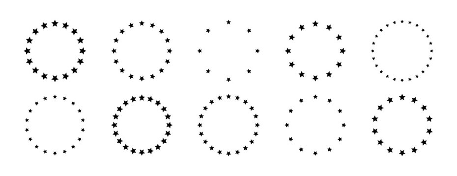 Stars of various sizes arranged in circle. Design element, ornament. Star circle vector. Black star shape, simple symbol. Vector illustration