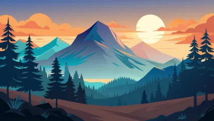 Fotobehang Realistic mountains landscape. Morning wood panorama, pine trees and mountains silhouettes. Vector forest hiking background © Sadaf
