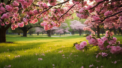 Beautiful sakura in the spring garden with green grass