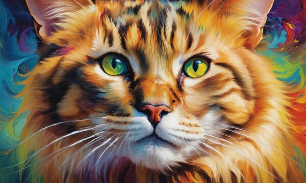 Vibrant Oil Painting of Colorful Cat