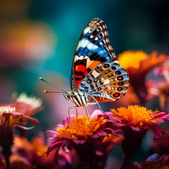Macro shot of a butterfly on a blooming flower.