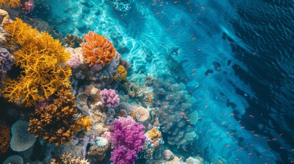 Aerial view of a vibrant coral reef under clear blue water