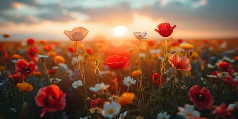 Fototapeta premium Colorful flowers in a sunkissed field highlight natures intricate beauty. Concept Nature Photography, Colorful Flowers, Sunkissed Fields, Intricate Beauty, Outdoor Photoshoot