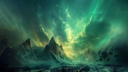 An abstract, vibrant aurora borealis set in an otherworldly fantasy landscape. - obrazy, fototapety, plakaty