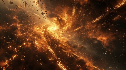 An apocalyptic abstract fractal scene with chaotic glowing particles, depicting the end of times in a tumultuous space.
