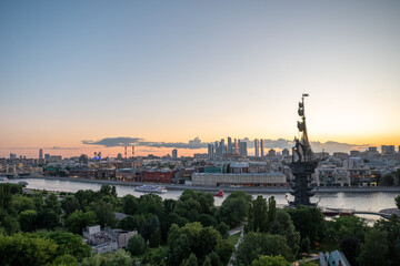 View of the monument to Peter the Great by Zurab Tsereteli in the center of the Russian capital on a summer evening