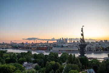View of the monument to Peter the Great by Zurab Tsereteli in the center of the Russian capital on a summer evening