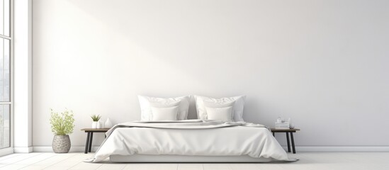 A brand new white loft bedroom featuring minimal style interior design, a spacious bed, and a copyspace wall. A large window allows for natural light to illuminate the room,