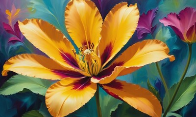 Bright oil painting with exotic flowers