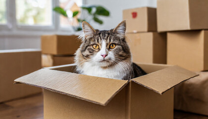 Fototapeta premium Moving to new home, donation concept. Stack of cardboard boxes and cat sitting in empty cardboard box inside the room