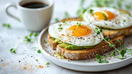 Toast with avocado and egg and coffe on the table, breakfast concept 