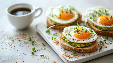 Toast with avocado and egg and coffe, breakfast concept 