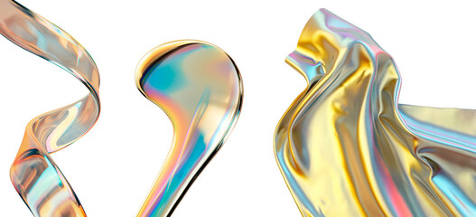 3d glass of abstract shape in the form of a wave. Iridescent, mother-of-pearl fabric. Isolated on a transparent background.