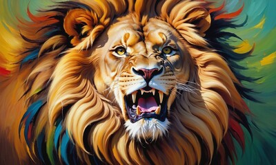 Majestic lion among bright oil paints - obrazy, fototapety, plakaty