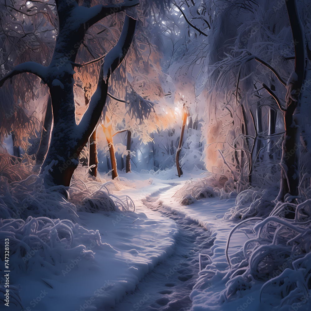 Poster Snow-covered forest with a winding path.