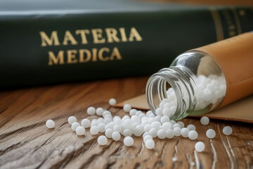 A bottle of homeopathy globules spilled on a table, with a homeopathic book in the background