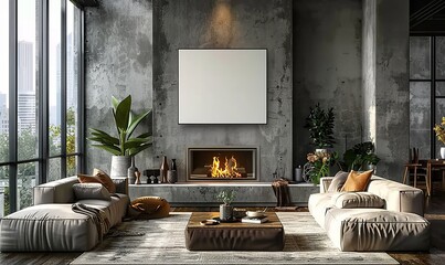 Mockup Frame in a Dark Living Room Loft with Fireplace in Industrial Style, Presented in 3D Render. Made with Generative AI Technology