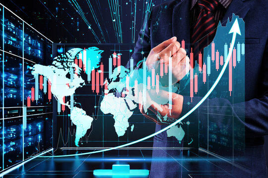 Double exposure of businessman and financial stock graph with hologram of world map background 
