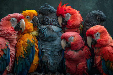 A vibrant gathering of parrots, featuring both red and blue macaws, engaging in social preening. - obrazy, fototapety, plakaty