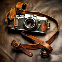 Vintage camera on a worn leather strap.