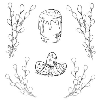 Hand drawn sketch illustration set of Easter symbols of willow twigs, bouquet of willow twigs, Easter cake, painted eggs.