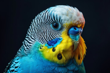 Vibrant close-up portrait of a blue and yellow Budgerigar parrot, showcasing detailed feather patterns and a curious gaze..