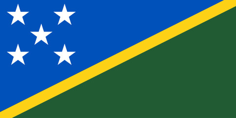 Close-up of green, yellow, blue and white national flag of country of Solomon Islands with white stars. Illustration made February 28th, 2024, Zurich, Switzerland.