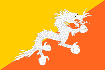 Close-up of yellow and orange national flag of Asian country of Bhutan with dragon. Illustration made February 28th, 2024, Zurich, Switzerland.
