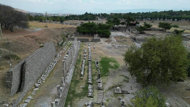 Asklepion Archaeological Site drone view in Bergama Town of Turkey
