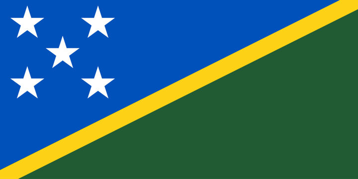 Close-up of green, yellow, blue and white national flag of country of Solomon Islands with white stars. Illustration made February 28th, 2024, Zurich, Switzerland.